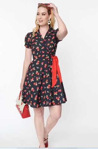 Black & Strawberries Wrap Dress