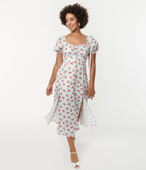 Blue Stripe & Cherry Print Midi Dress