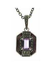Sterling silver Art Deco style necklet. Hand set with marcasite & emerald cut amethyst 72-769AM .